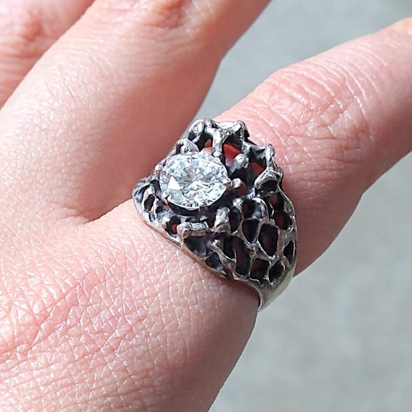 Sterling Silver Ring Size 10.5 Clear CZ Brutalist Modern Avant Garde